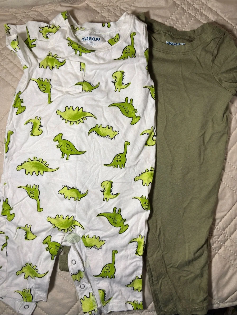 Old Navy 3-6M White & Olive Green Dinosaur Rompers